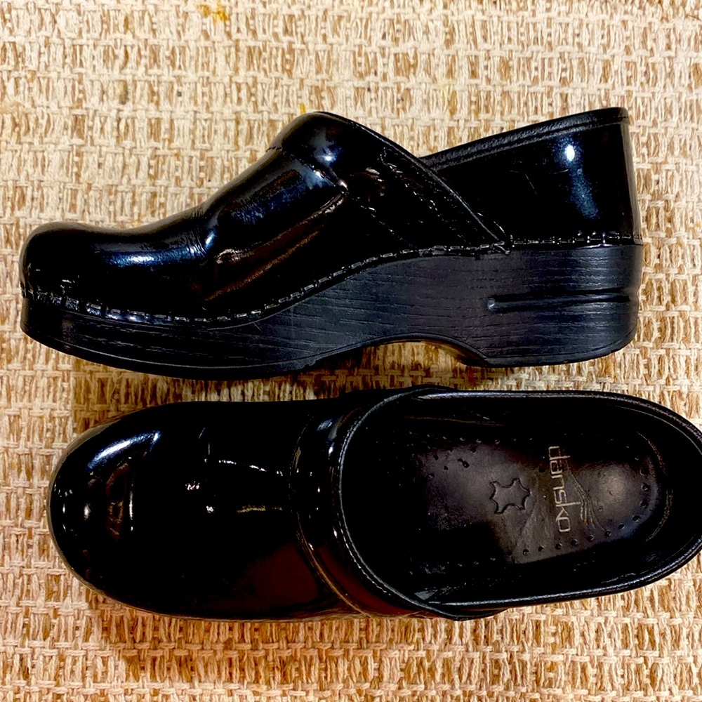 Dansko black patent leather clogs